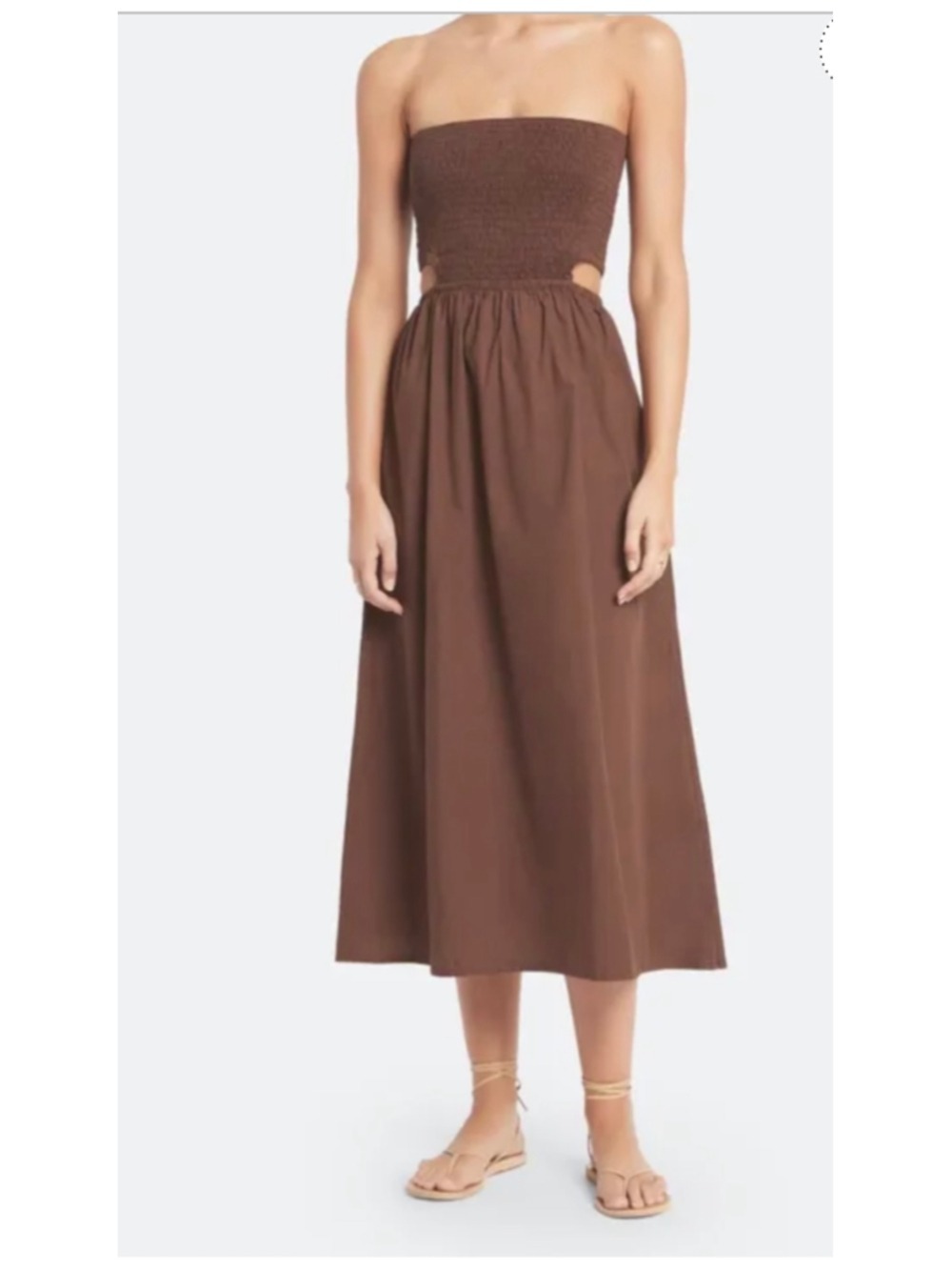 Faithfull The Brand Deva Midi Dress Brown Strapless Smocked Cutout 4